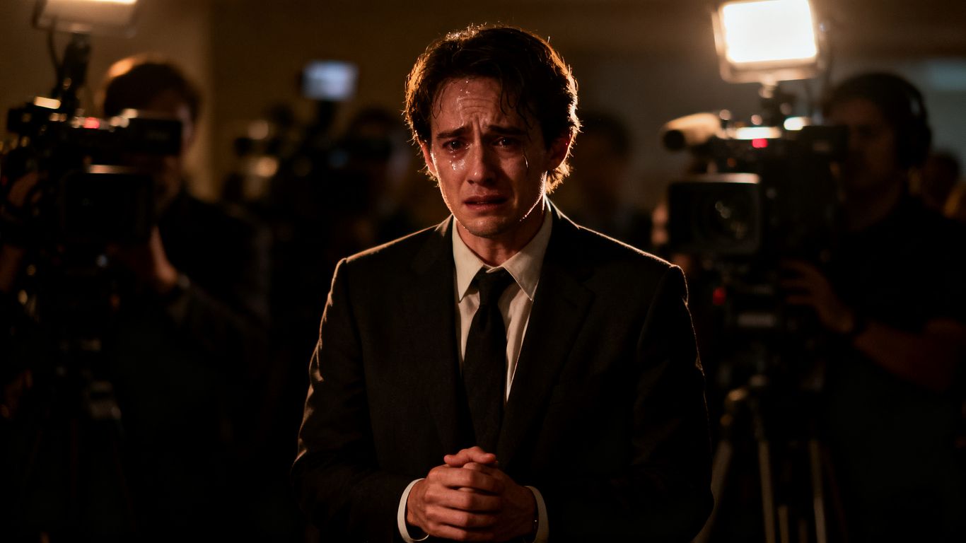 Person in suit facing cameras during crisis.