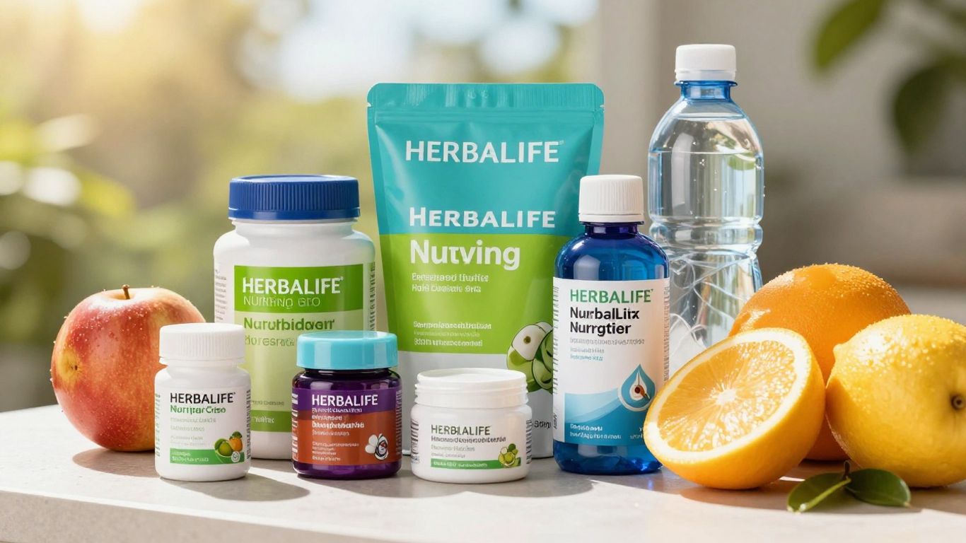 Herbalife products with fruits and water bottle in Australia.