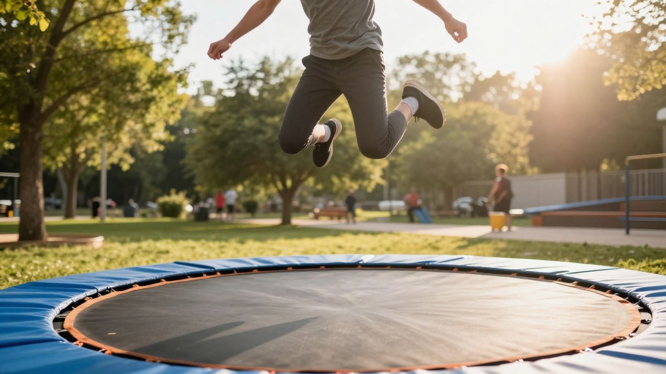 Person jumping high on a trampoline outdoors.