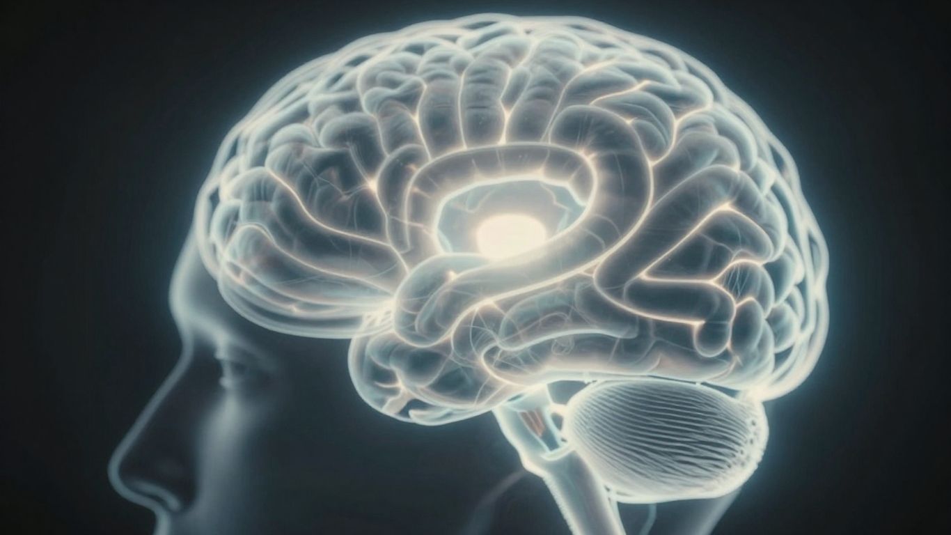 Brain scan imagery with glowing internal light patterns.
