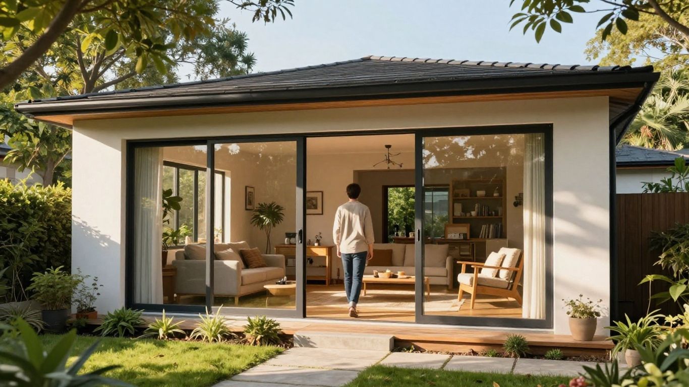 Accessible house with garden and person approaching entrance.