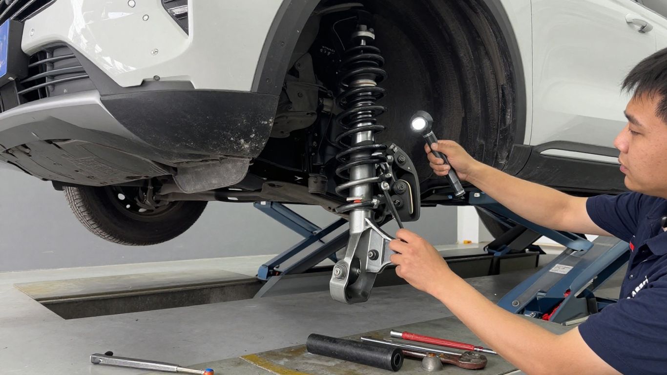 Haval SUV suspension inspection at a parts yard
