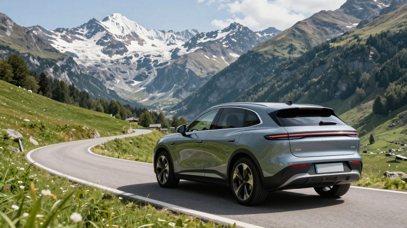 Moderner Elektro SUV auf Schweizer Bergstrasse