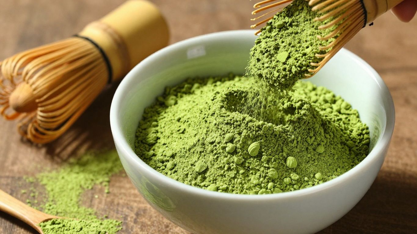 Vibrant green matcha powder in a ceramic bowl with whisks.