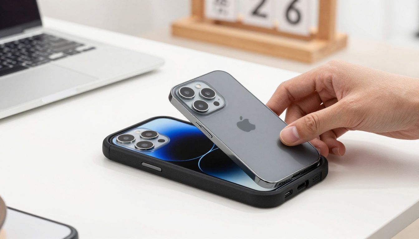 A person carefully placing their iPhone 16 Pro Max into a protective case, with a clean, modern home background.