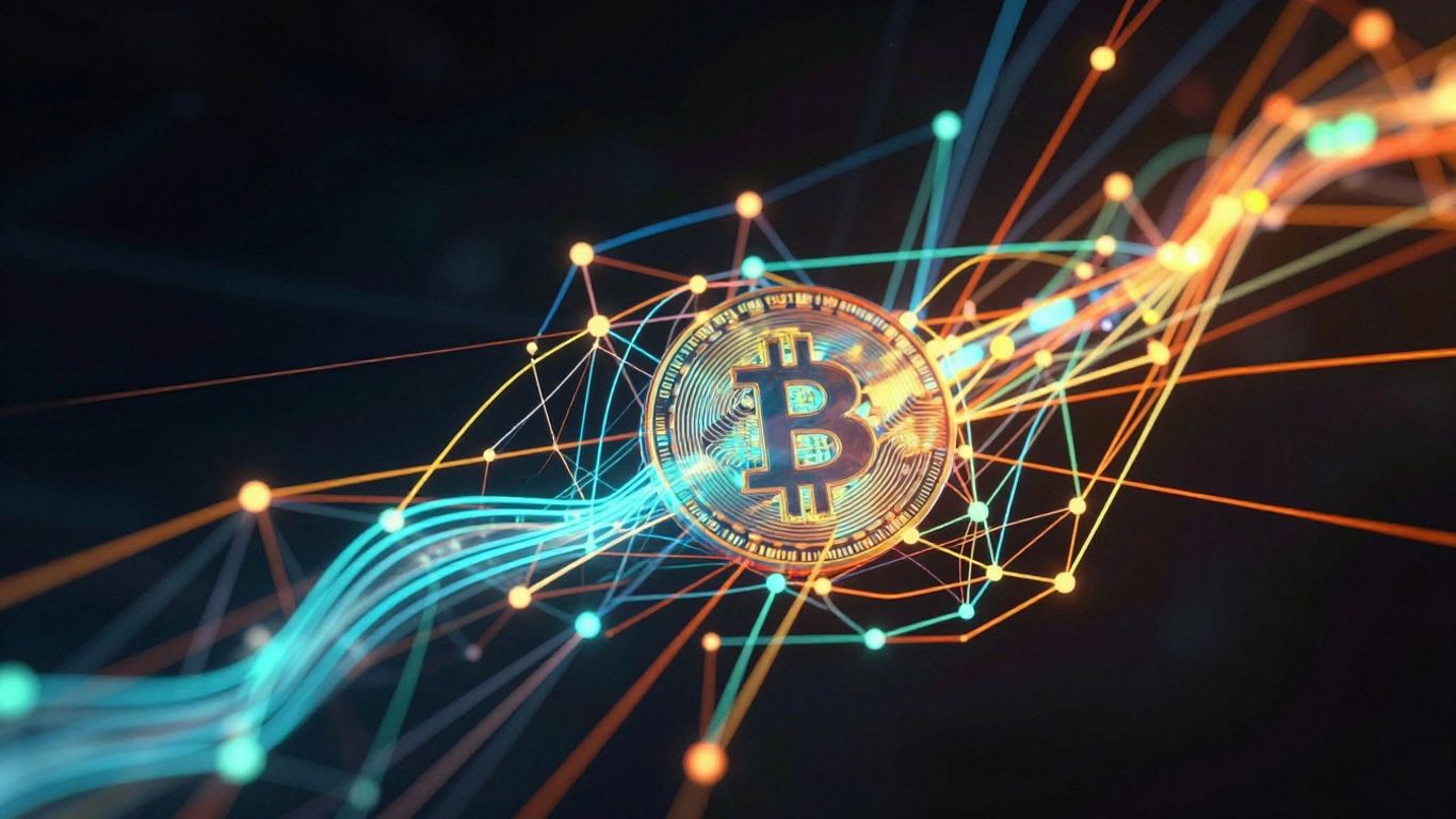 Abstract digital currency network with glowing lines.