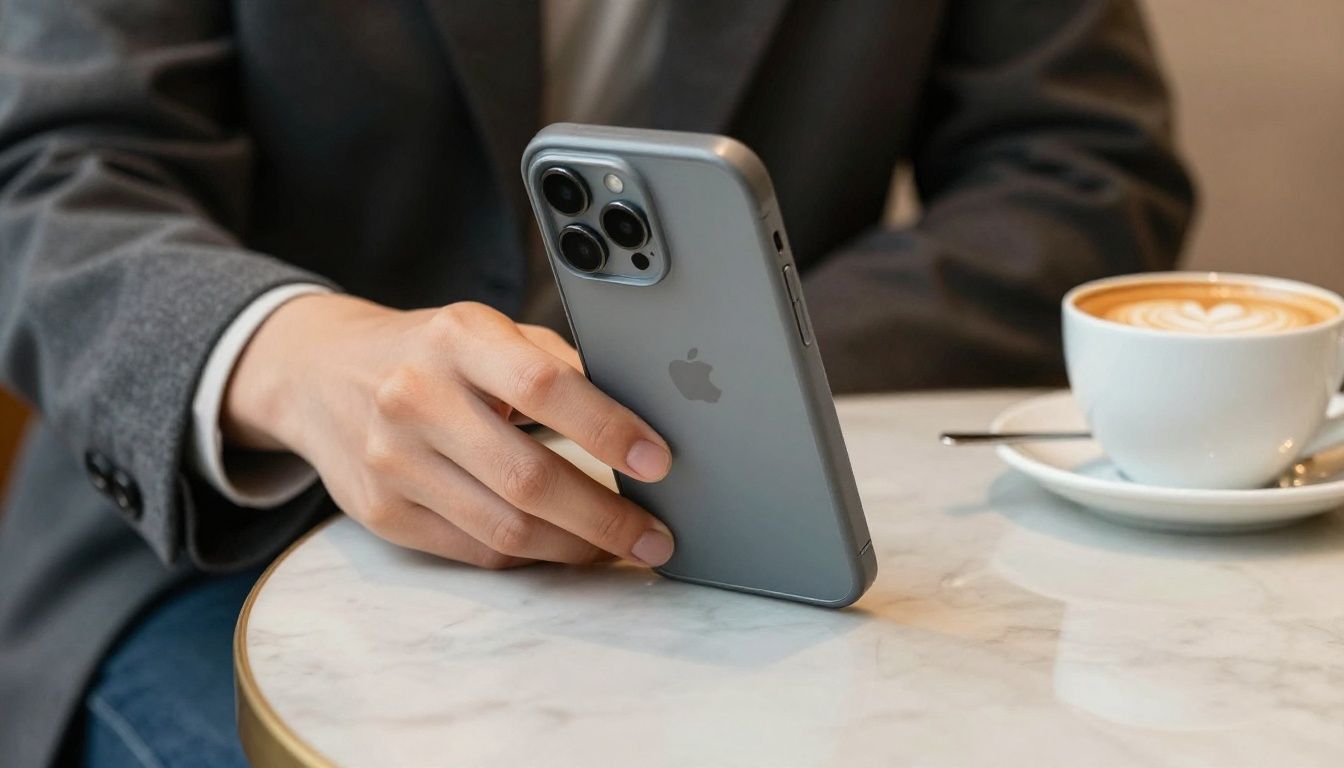 A person in a stylish cafe in Melbourne, placing their iPhone 16 Pro with a sleek case on the table next to a coffee.