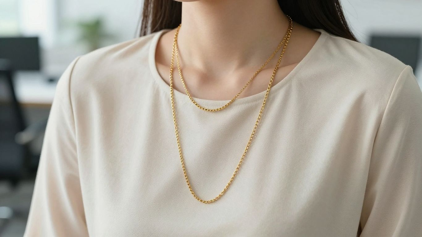 Two gold chains layered over a simple blouse