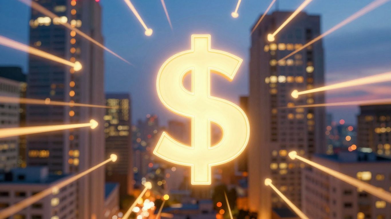 Sinal de dólar com linhas de crescimento e cidade ao fundo.