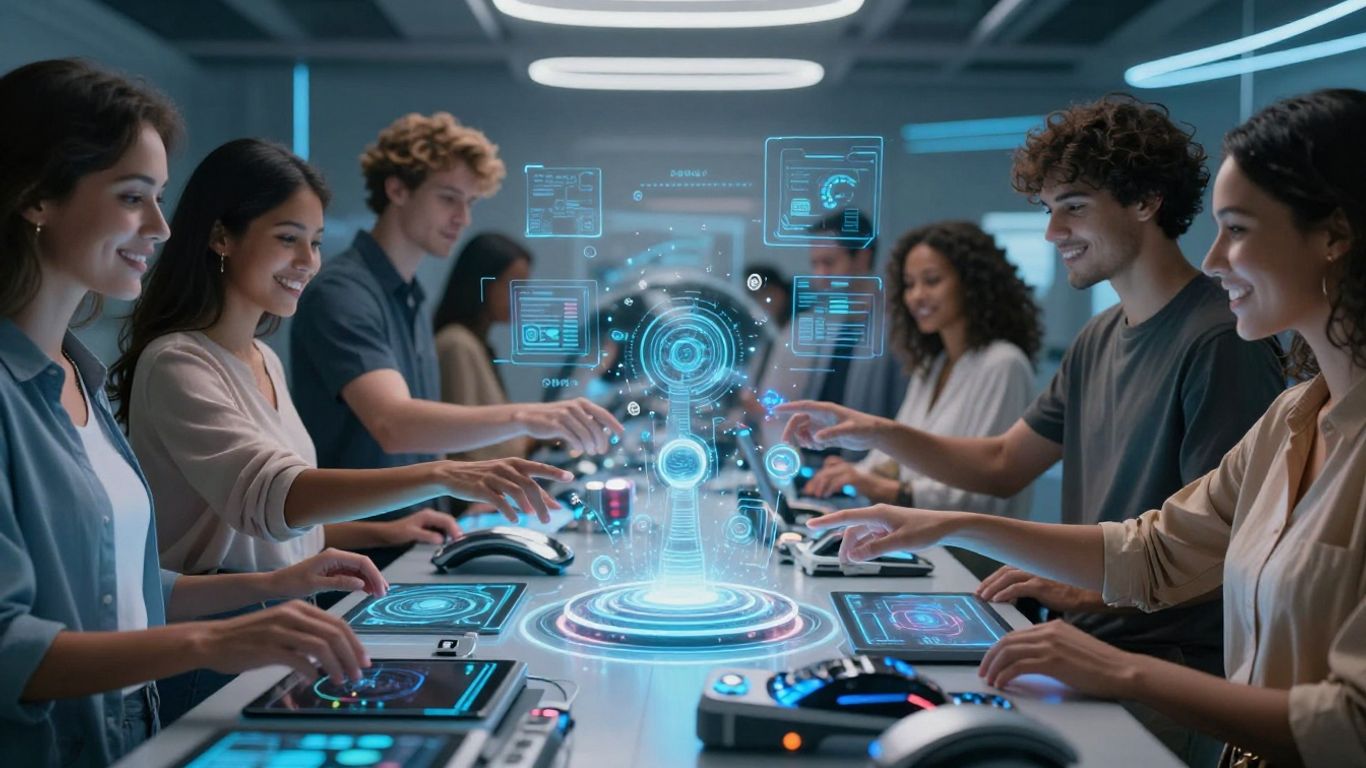 People using advanced technology with bright digital interfaces.