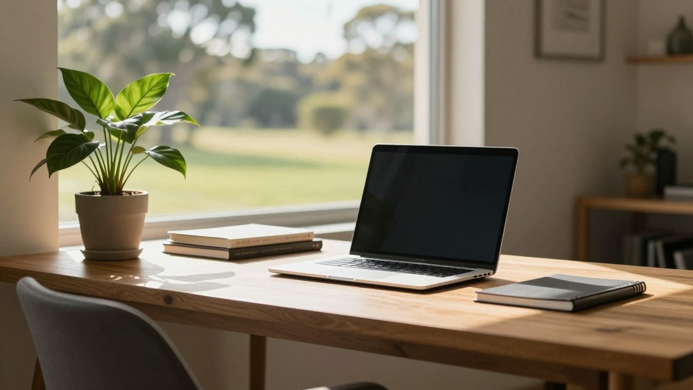 Australian home office with laptop and sunlight.
