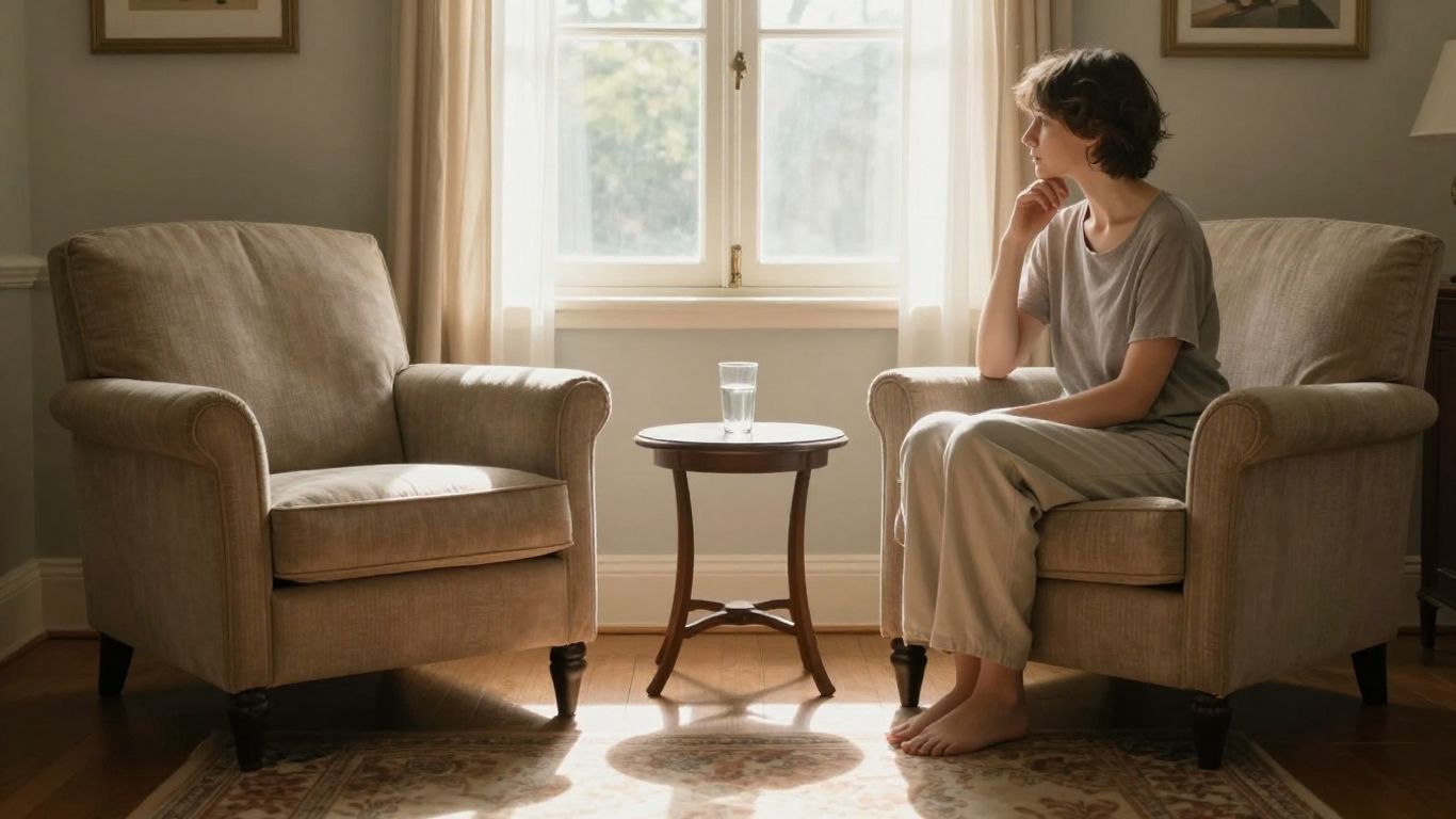 Duas poltronas em uma sala clara, uma pessoa sentada.