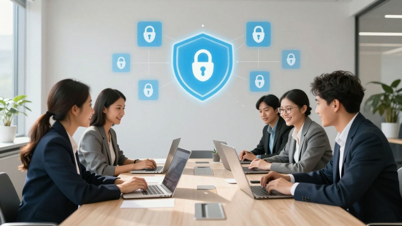 Small business team working with digital security tools.