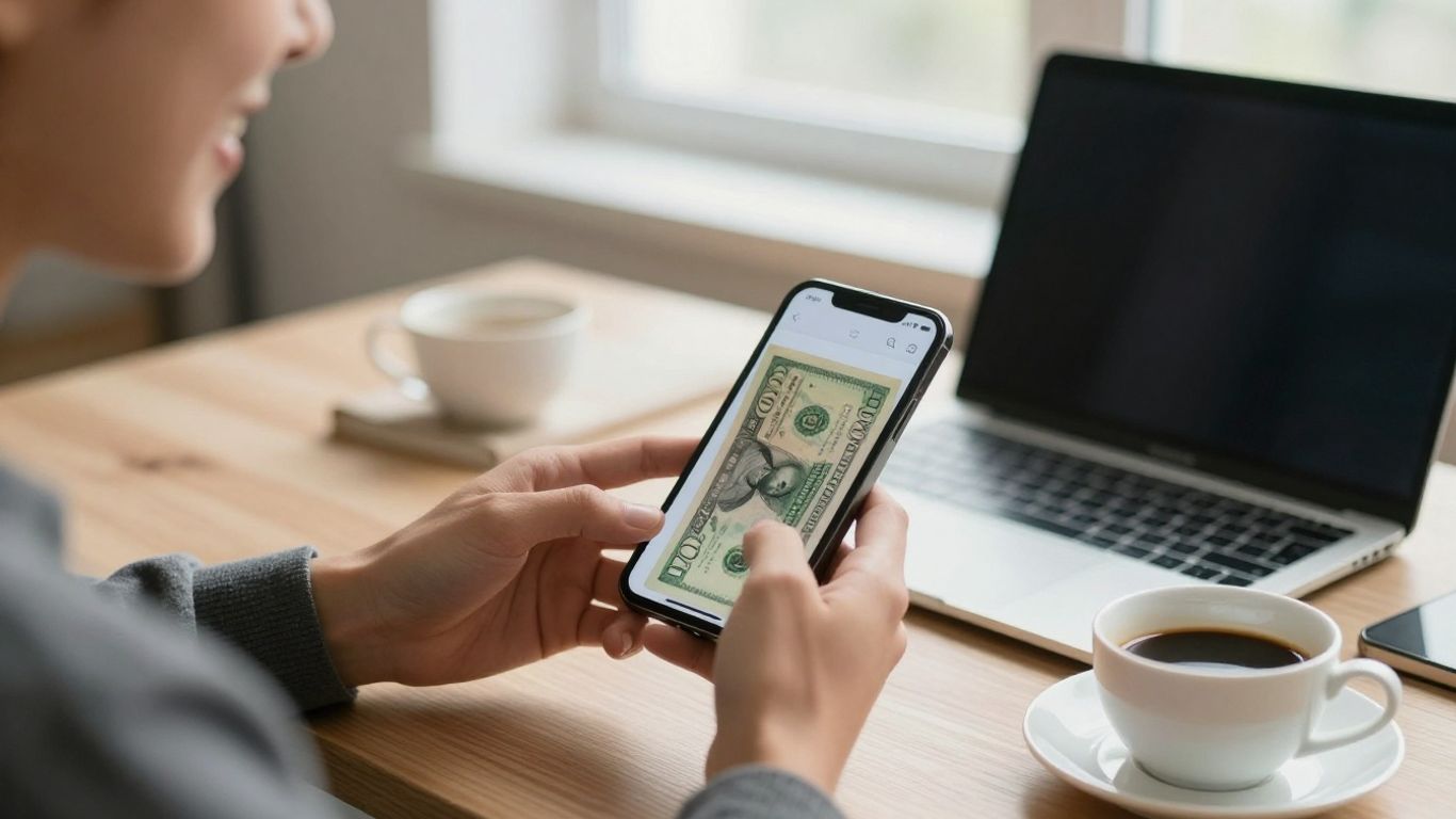 Happy person holding phone and cash at desk