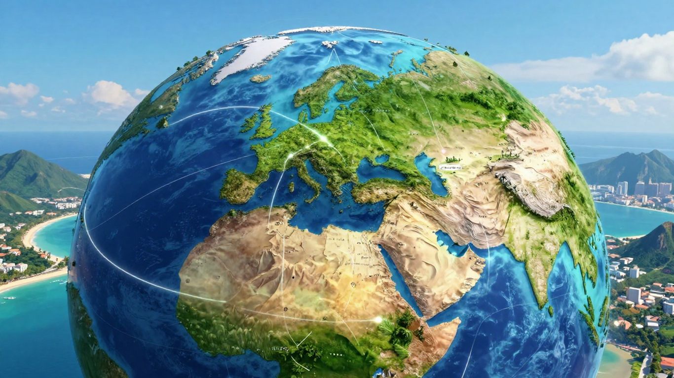 Globe with glowing flight paths connecting travel destinations.