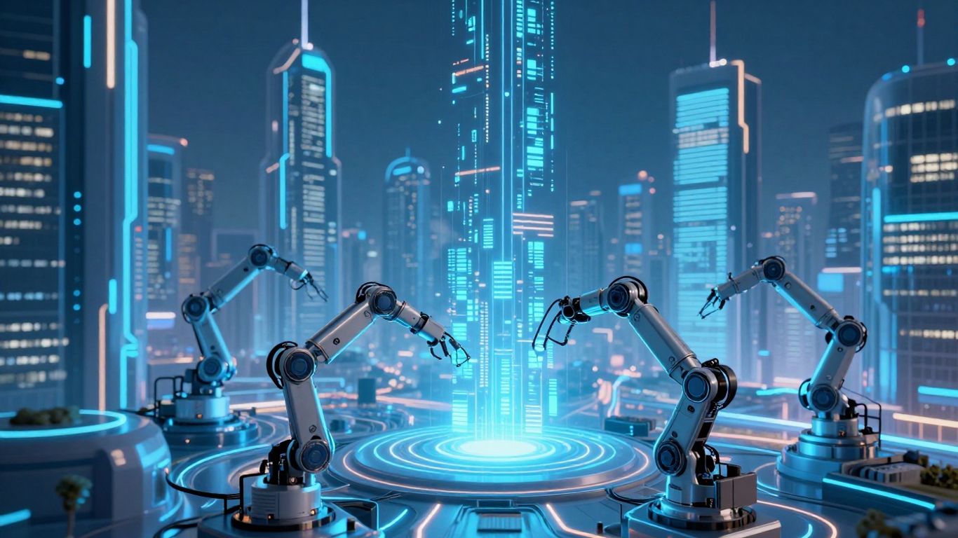 Futuristic cityscape with robotic automation and digital data streams.