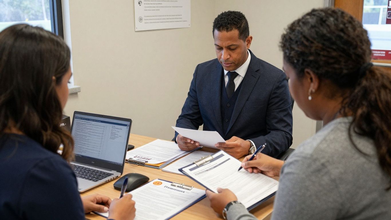 Applicant reviewing CNA enrollment documents at a campus desk