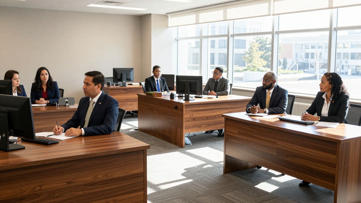 Lawyer discussing immigration case with clients in office.