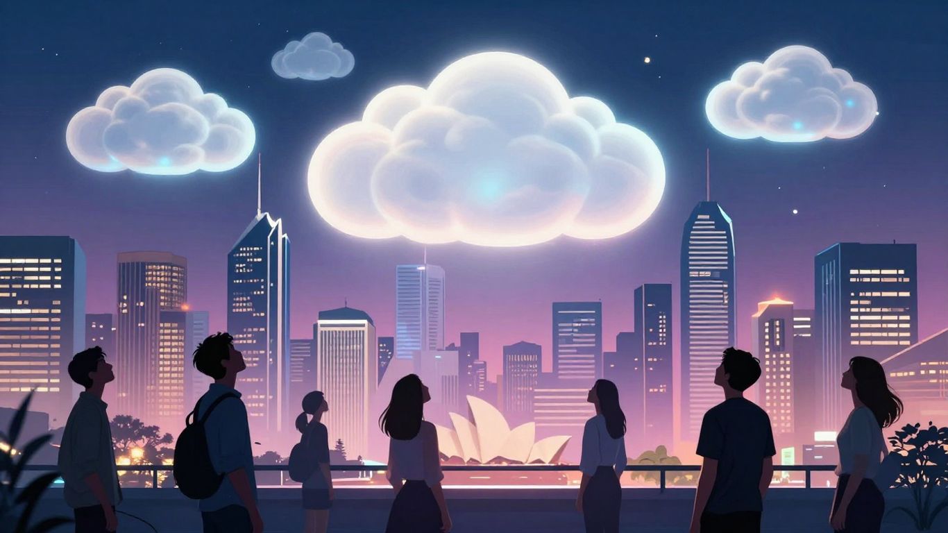 Digital clouds above Australian cityscape, future investment concept.