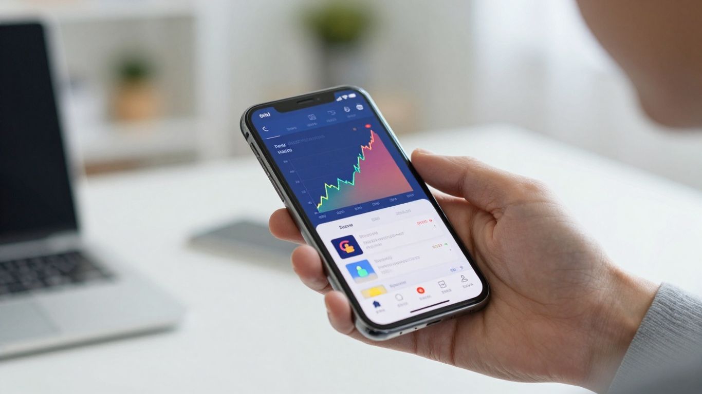 Hands holding smartphone with financial app