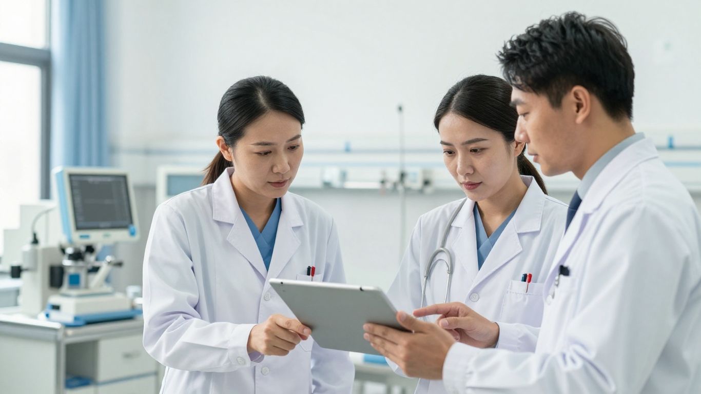 Médicos analisando informações juntos em ambiente hospitalar moderno.
