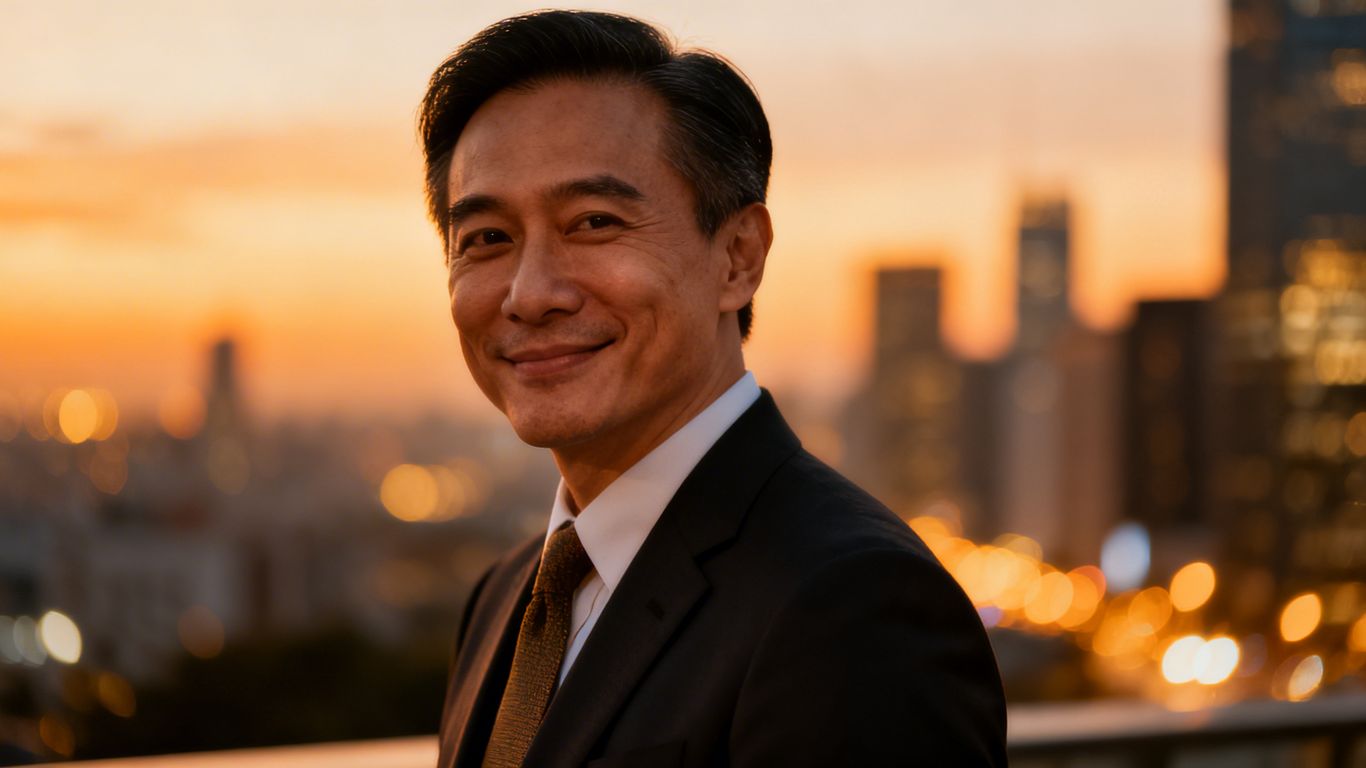 [Warren H. Lau] finance insights, professional portrait, cityscape background.