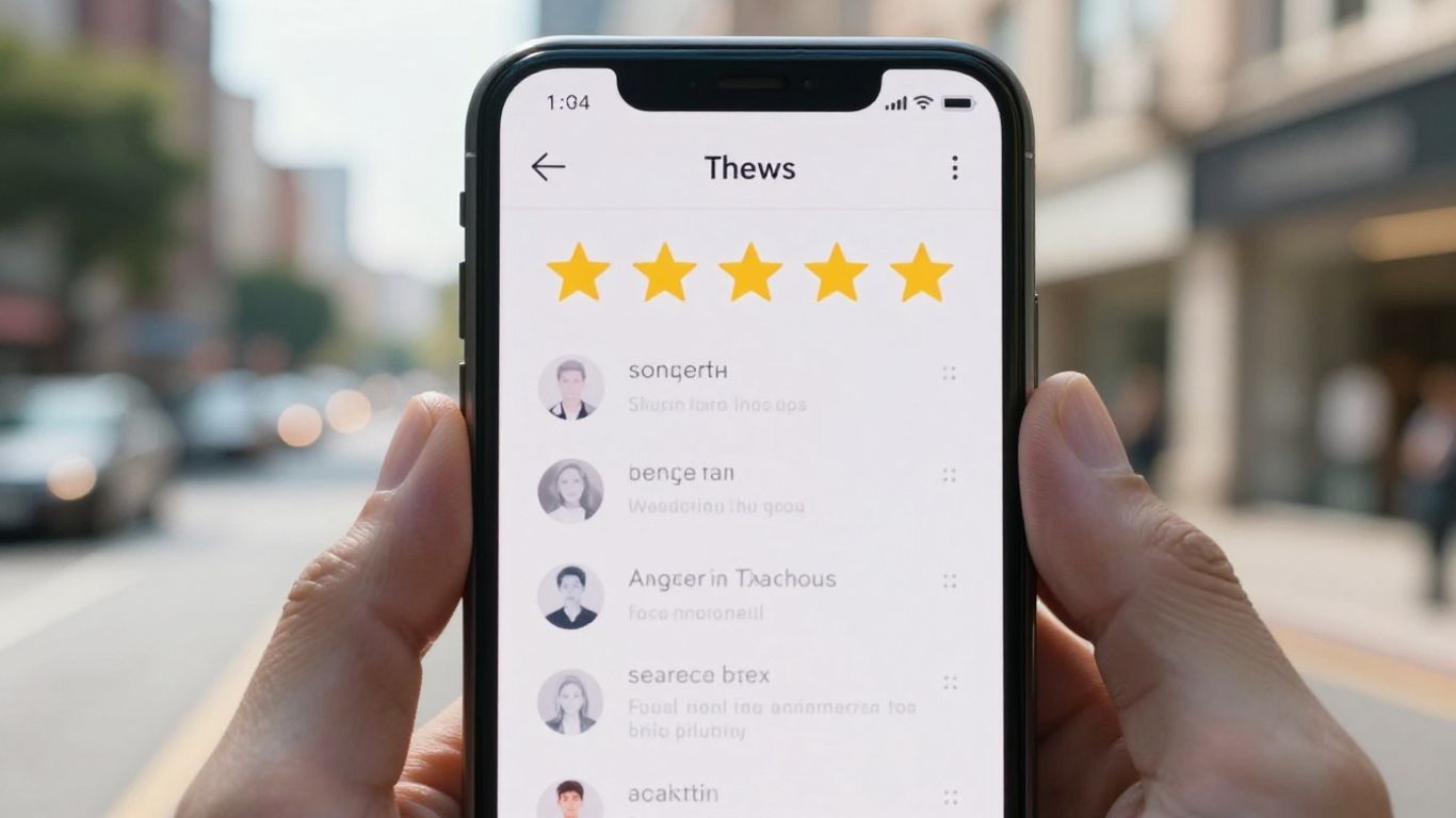 Smartphone showing online reviews and star ratings.