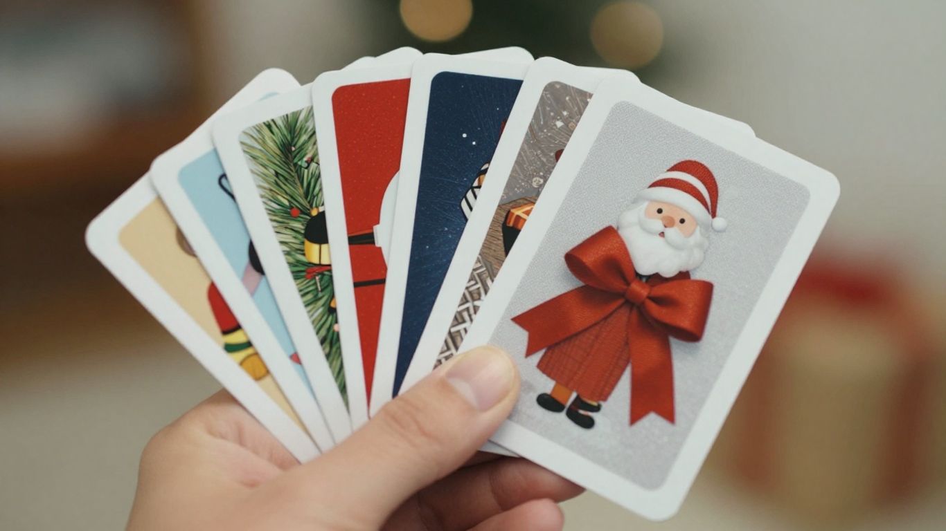 Manos sosteniendo varias tarjetas de regalo usadas.