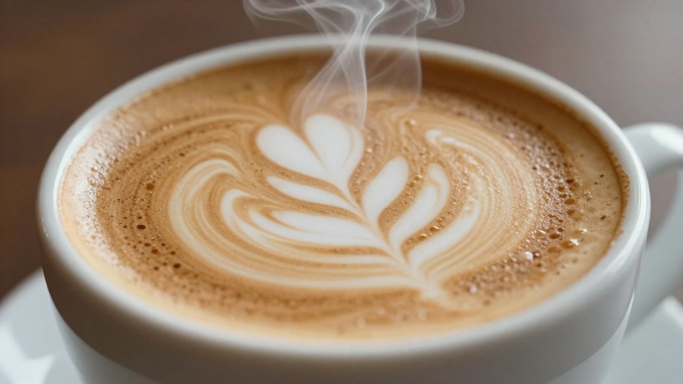 Steaming cup of coffee with latte art