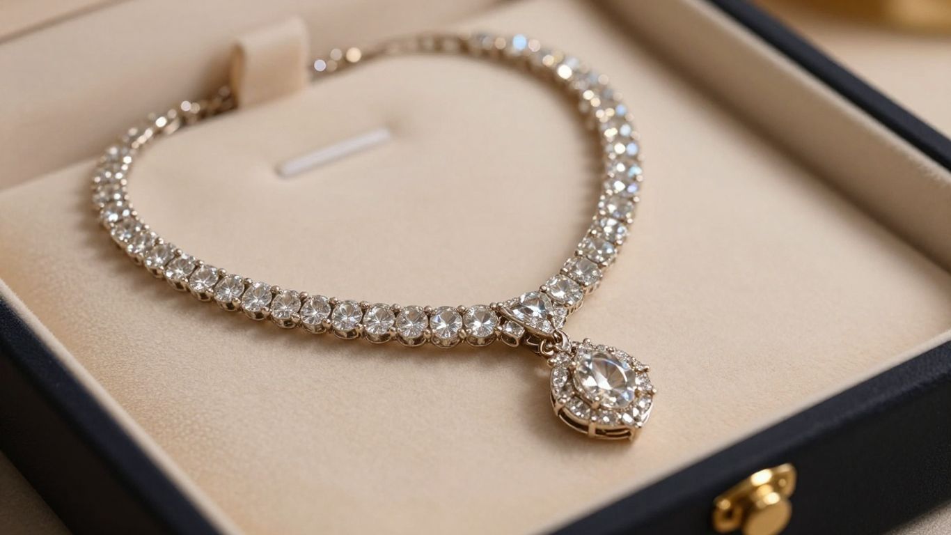 Sparkling diamond necklace and gold earrings in a jewellery box.