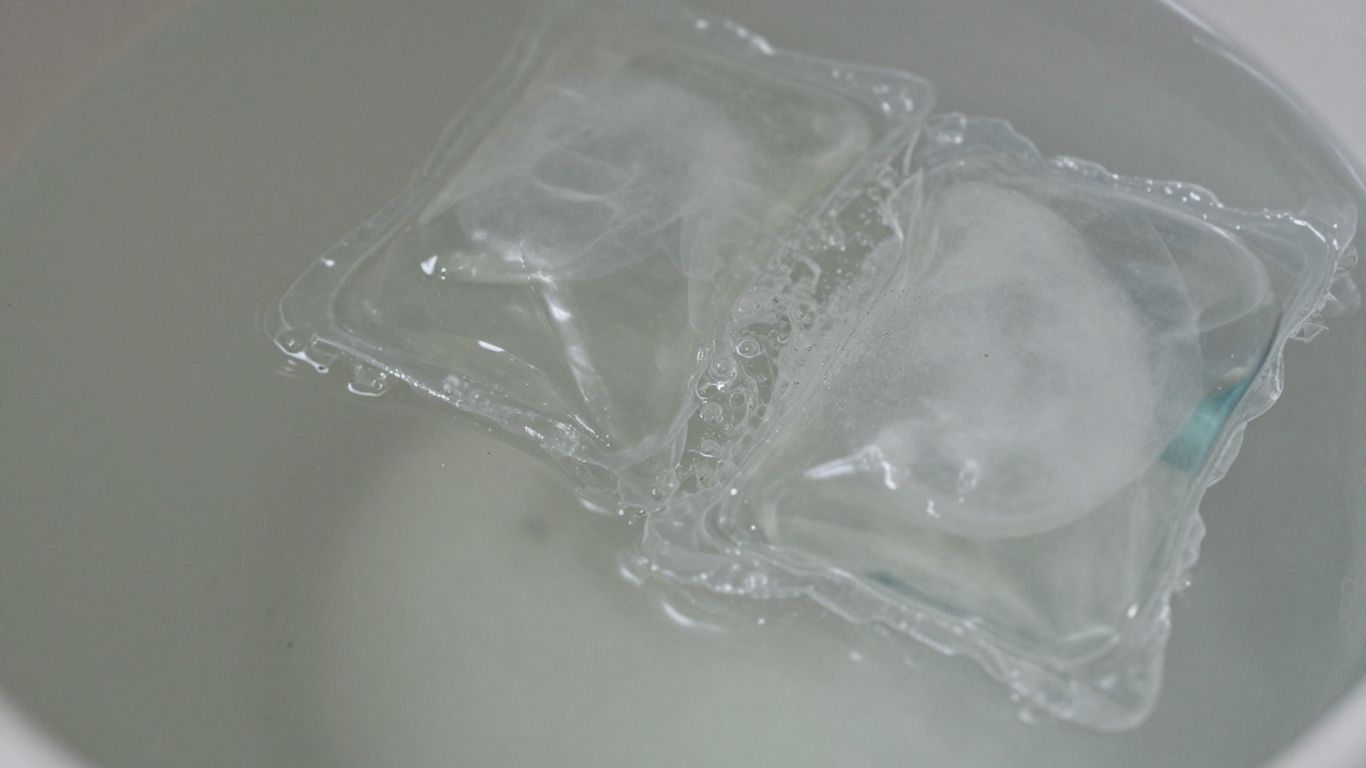 Laundry pods dissolving, releasing microplastics into water.