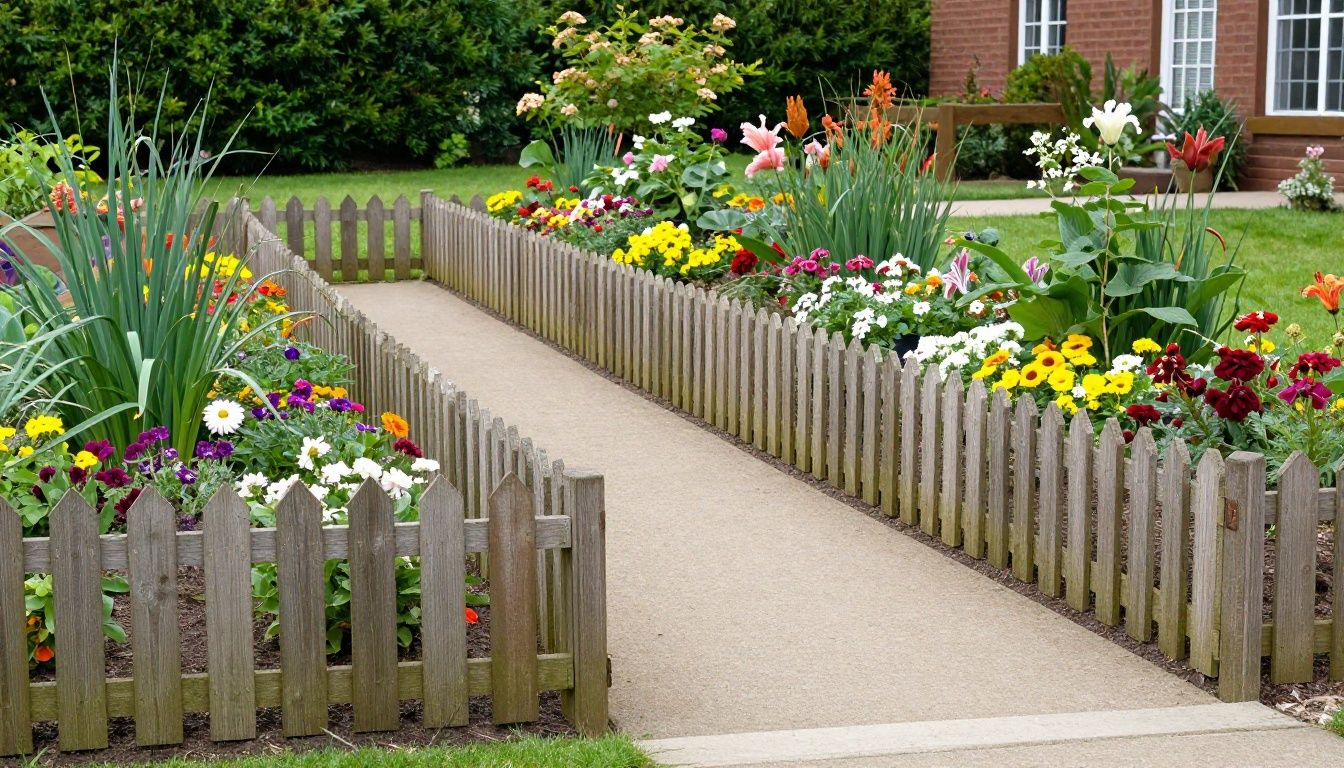 A well-tended garden with a simple, low wooden fence separating a path from the flower beds, symbolizing healthy and loving boundaries.