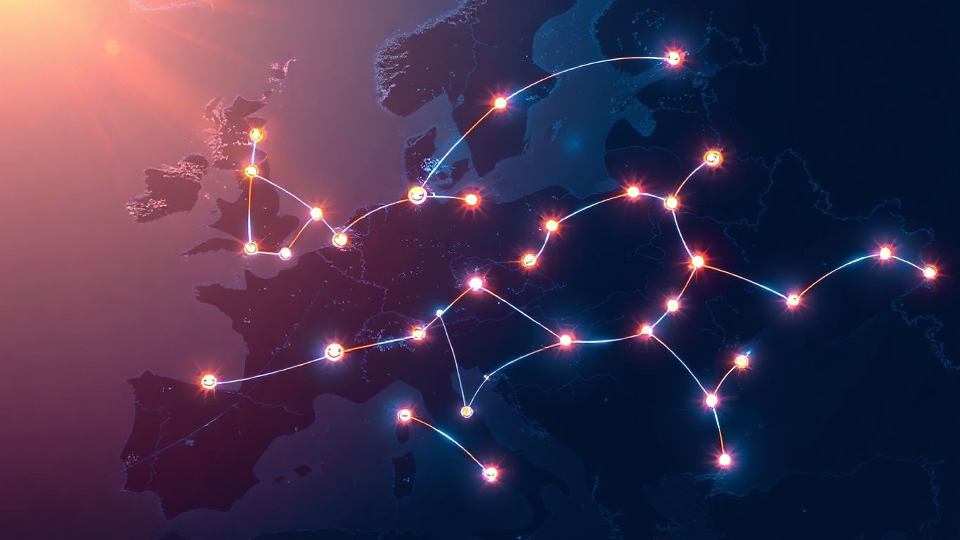 Europe map with digital connections and Amazon logo.