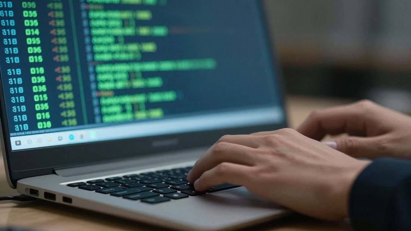 Hands typing on a laptop keyboard with digital code background.