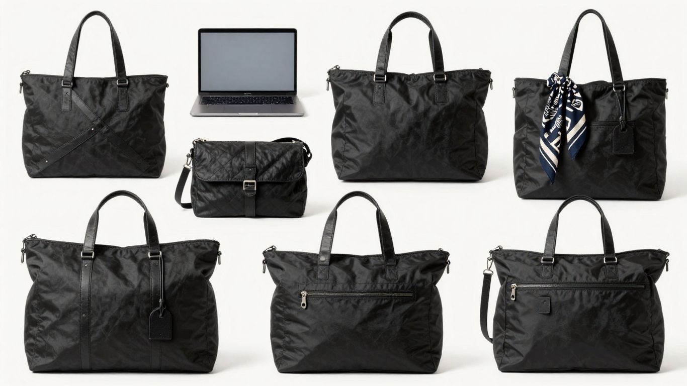 Various black tote bags made of different materials.