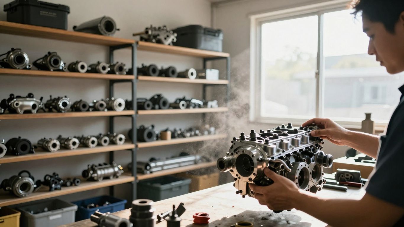 Mitsubishi car parts in a workshop