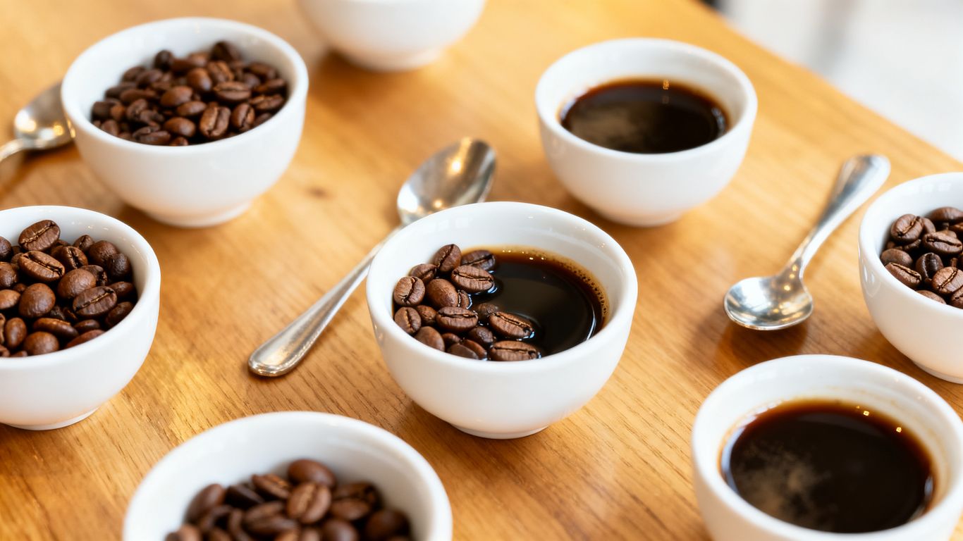 A wooden table with cups and beans