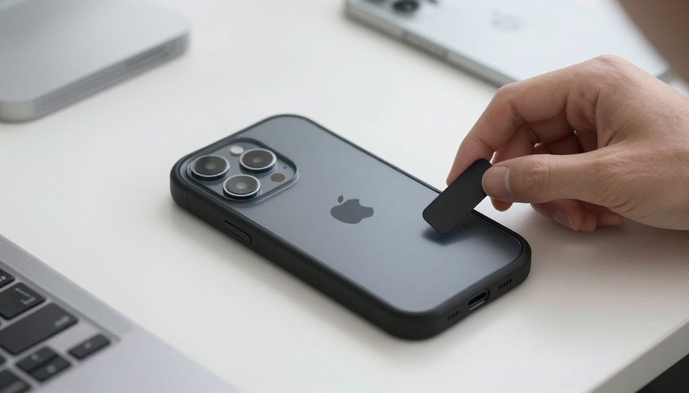 A person carefully placing their iPhone 14 Pro Max into a protective case, with a clean, modern desk in the background.