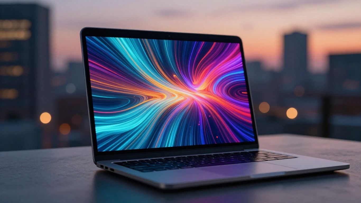 Laptop with abstract digital art and cityscape background.
