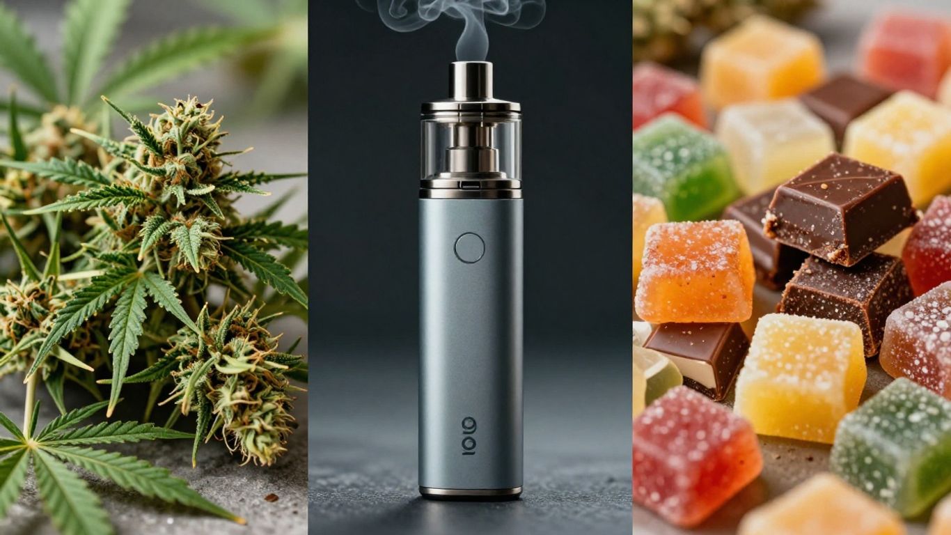 Cannabis flower, vape pen, and edibles arranged for comparison.