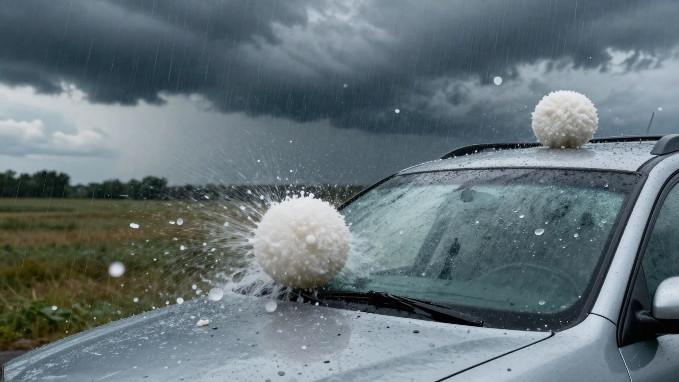 Hailstones hitting a car windshield during a storm.