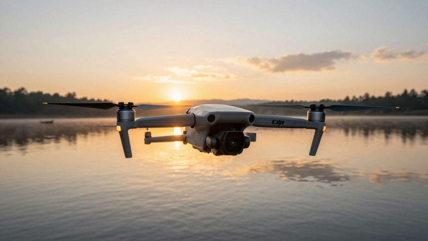 DJI Air 3S drone over a calm lake at sunrise.