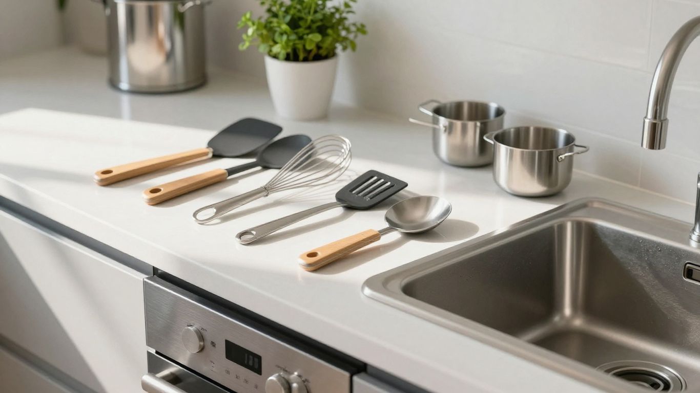 Rental kitchen counter with cooking tools and clean appliances.