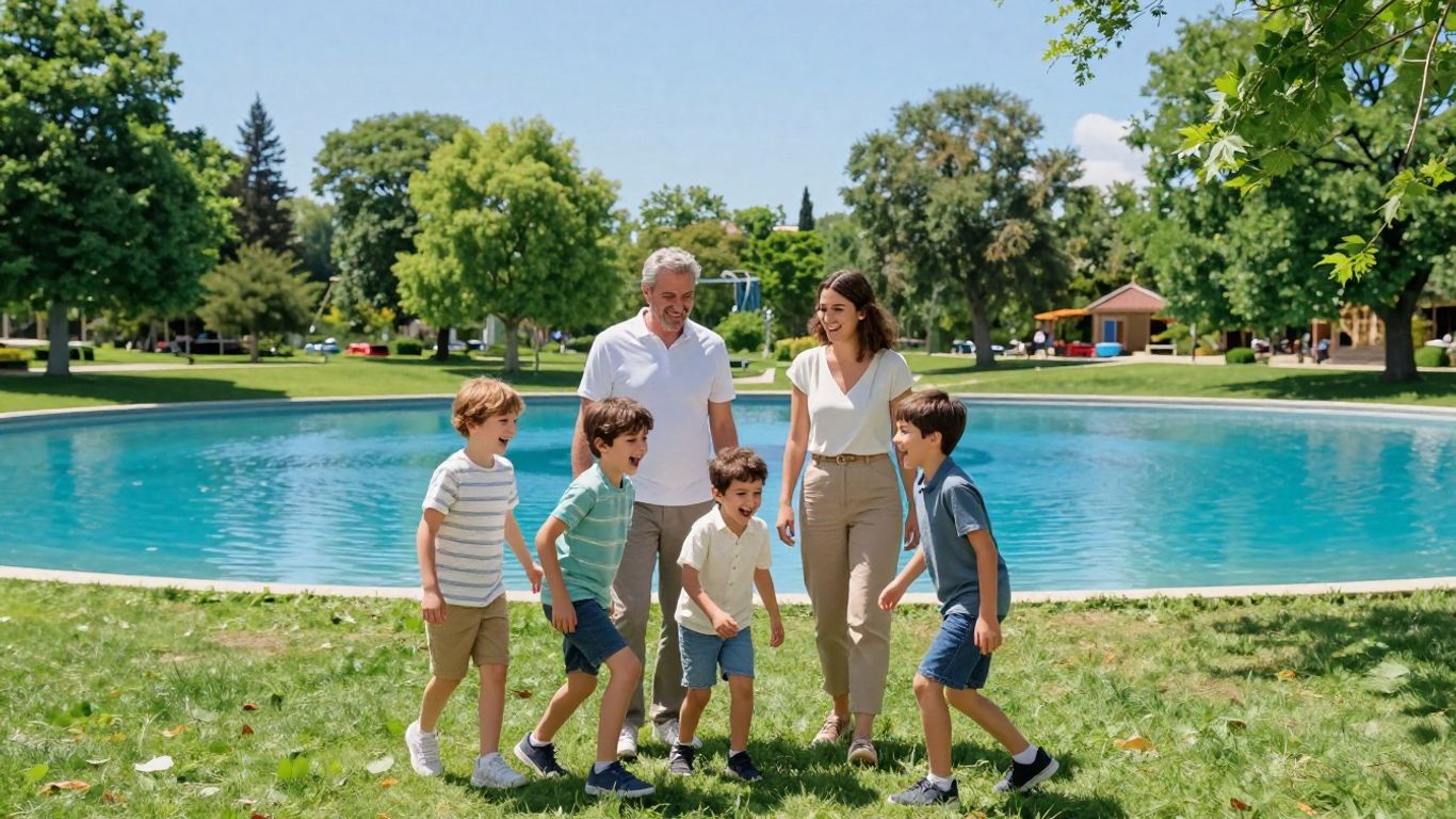 Familie geniet van een zonnige dag in een park.