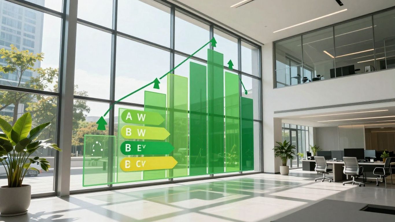 Bâtiment d'entreprise avec schéma de flux d'énergie.