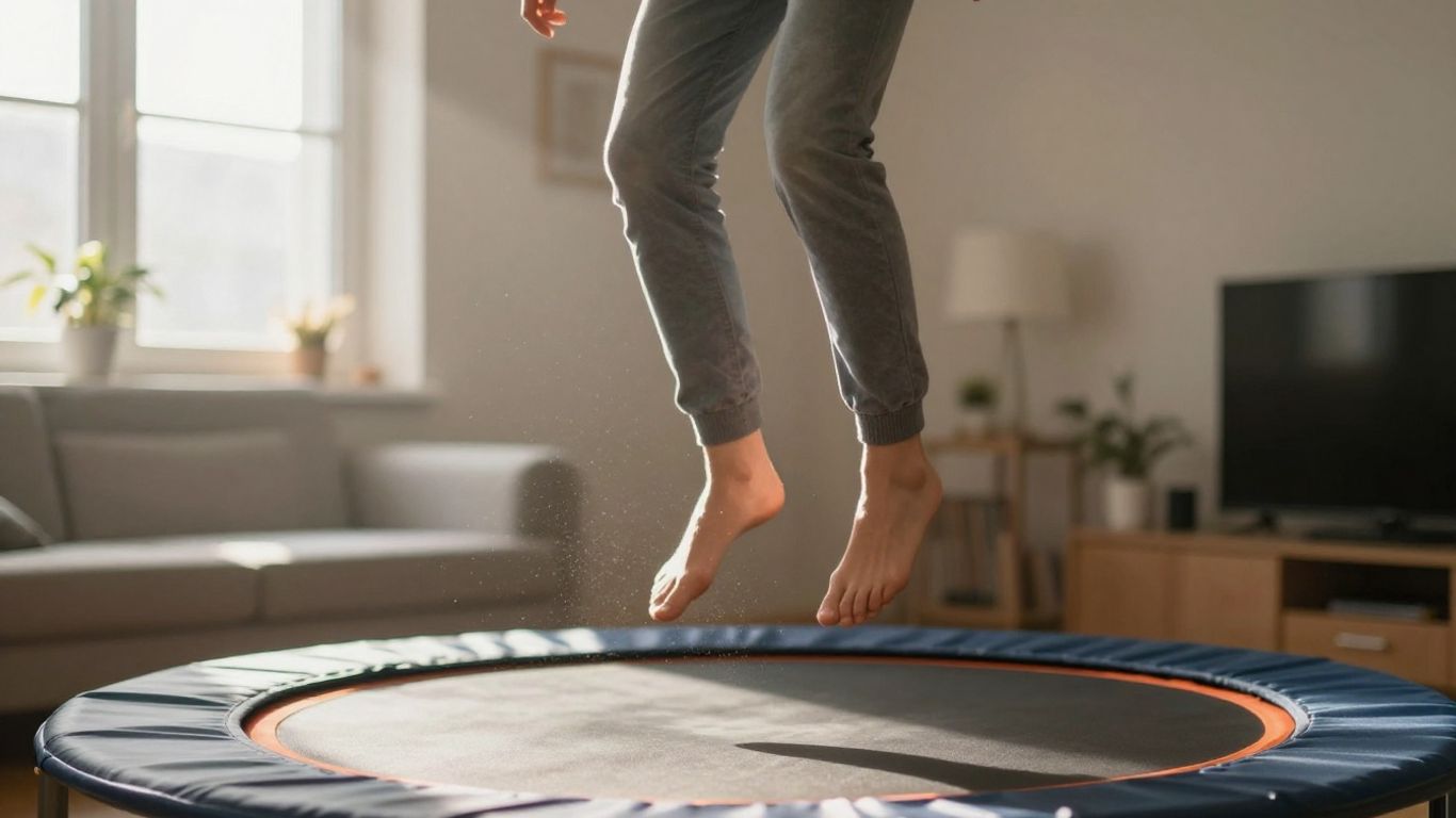 Person bouncing on a trampoline indoors.