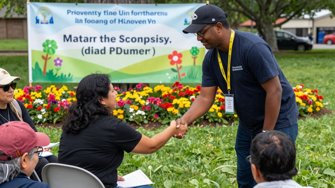 Contractor and community member shaking hands at a spring event.