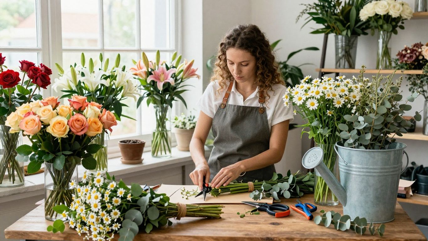 Florist trimming stems beside fresh seasonal flowers