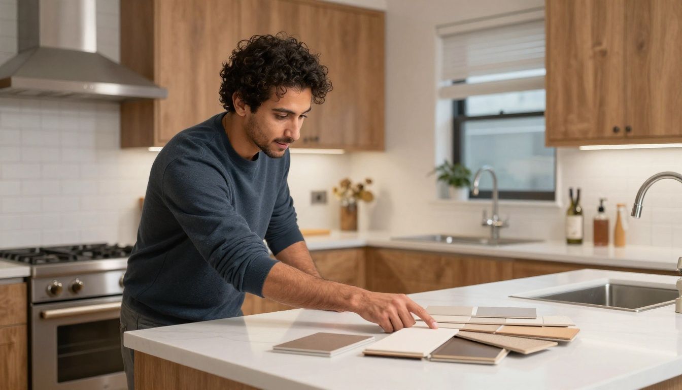 Joseph Darvish consulting with a homeowner in their kitchen, pointing at countertop samples.
