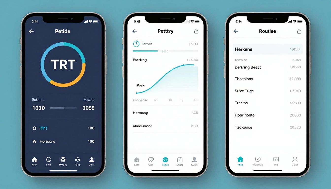 A sleek, modern health-tech visualization showcasing peptide and TRT tracking metrics, hormone balance charts, and routine scheduling on a mobile interface.